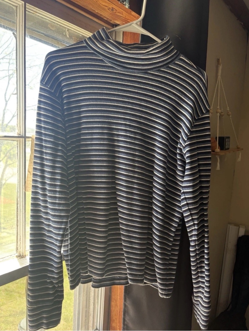 Karen Scott Navy and White Striped Turtleneck Sweater